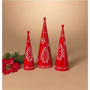 3 Gerson International Metal Holiday Cone Red Christmas Trees Large is 15.75"